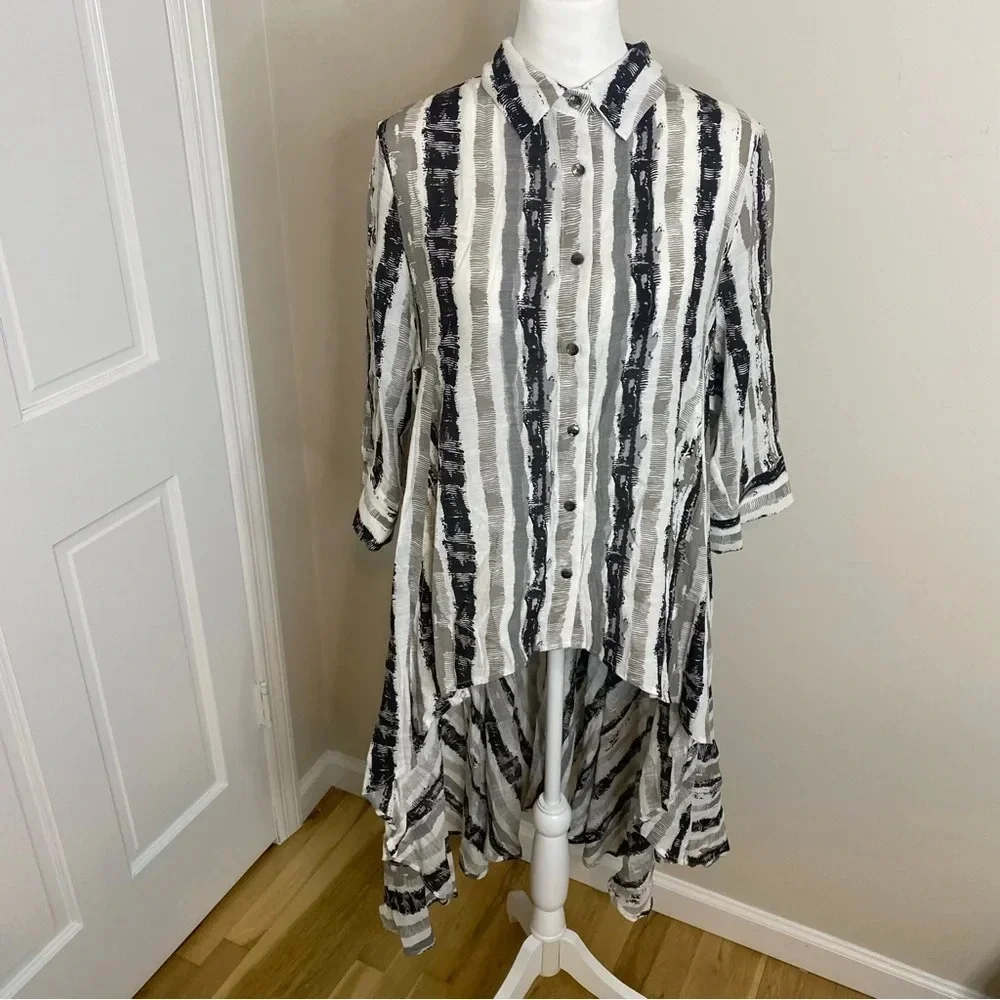 PATRIZIA LUCA Women’s Three Quarter High Low Striped Print Shirt Dress Top L - Picture 4 of 13